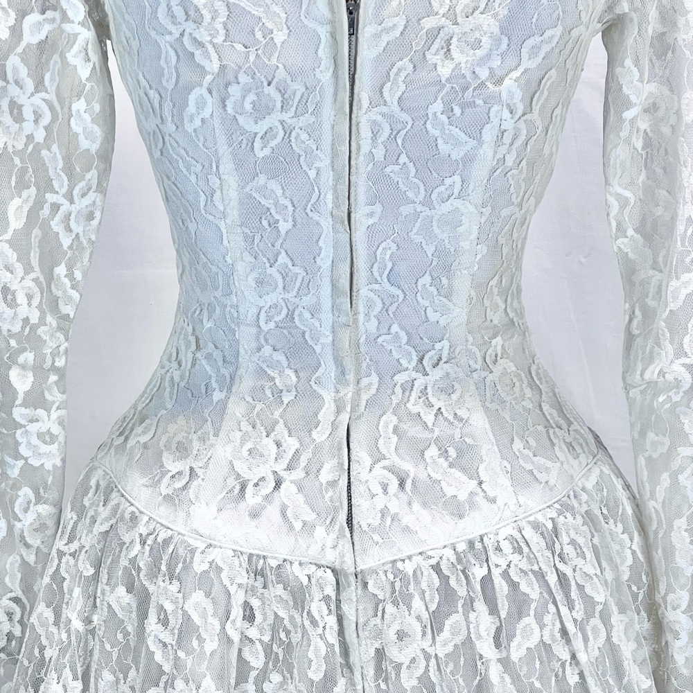 VINTAGE MCM 50s mid century lace wedding dress gown full long sleeve floral - Picture 9 of 16